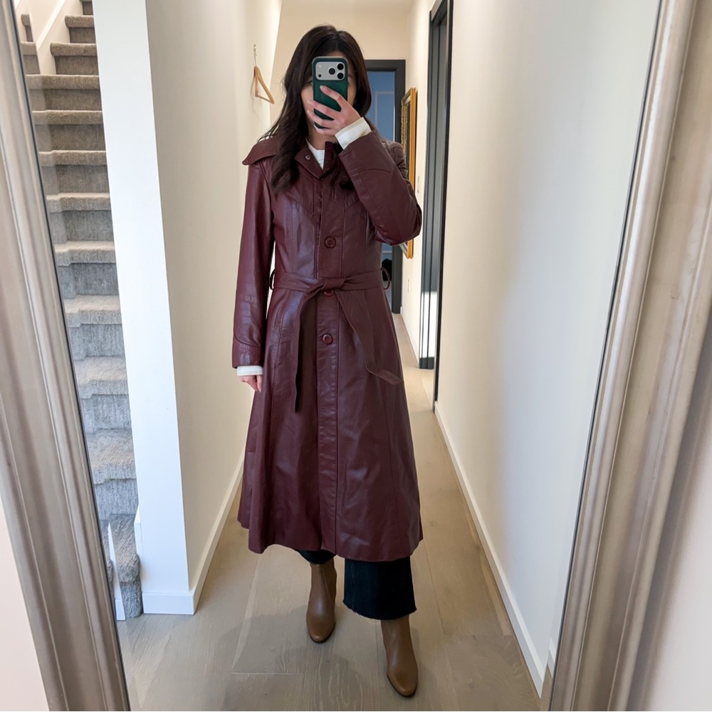 Vintage Y2K 70s Retro Wilson Leather‎ Burgundy Leather Trench Coat XS-S - Picture 2 of 9